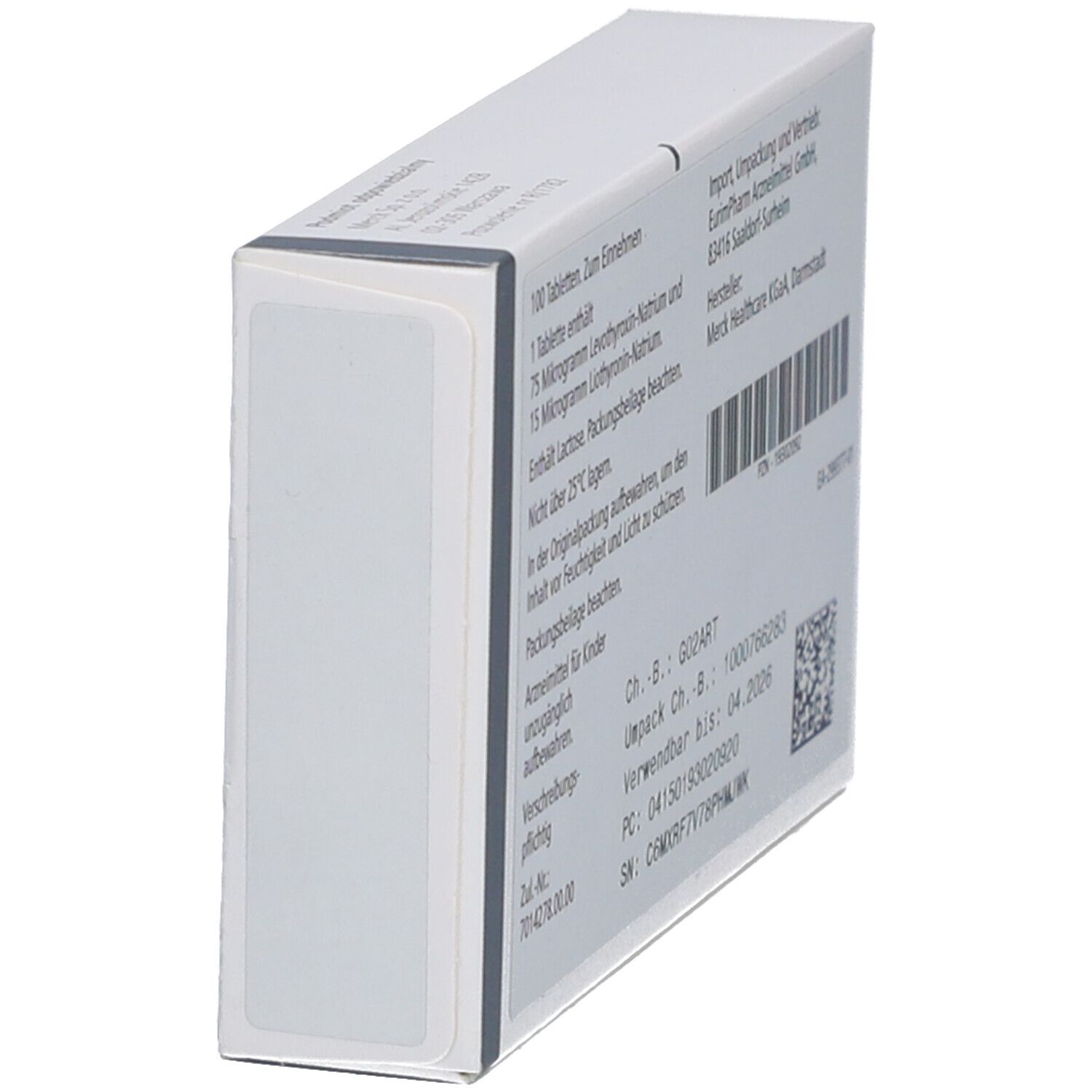 Seitenansicht der weißen Schachtel mit NOVOTHYRAL 75 Tabletten. Textinformationen, Barcode.