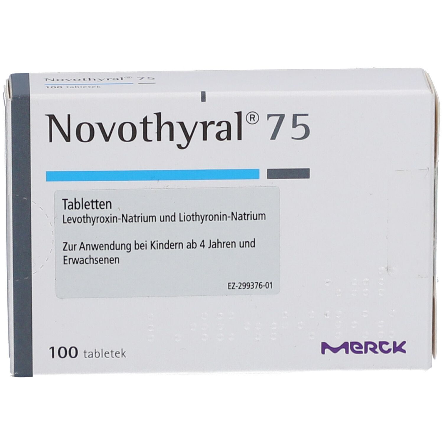 Weiße Schachtel mit NOVOTHYRAL 75 Tabletten. Blaue und graue Streifen. Merck-Logo unten rechts. 100 Tabletten.