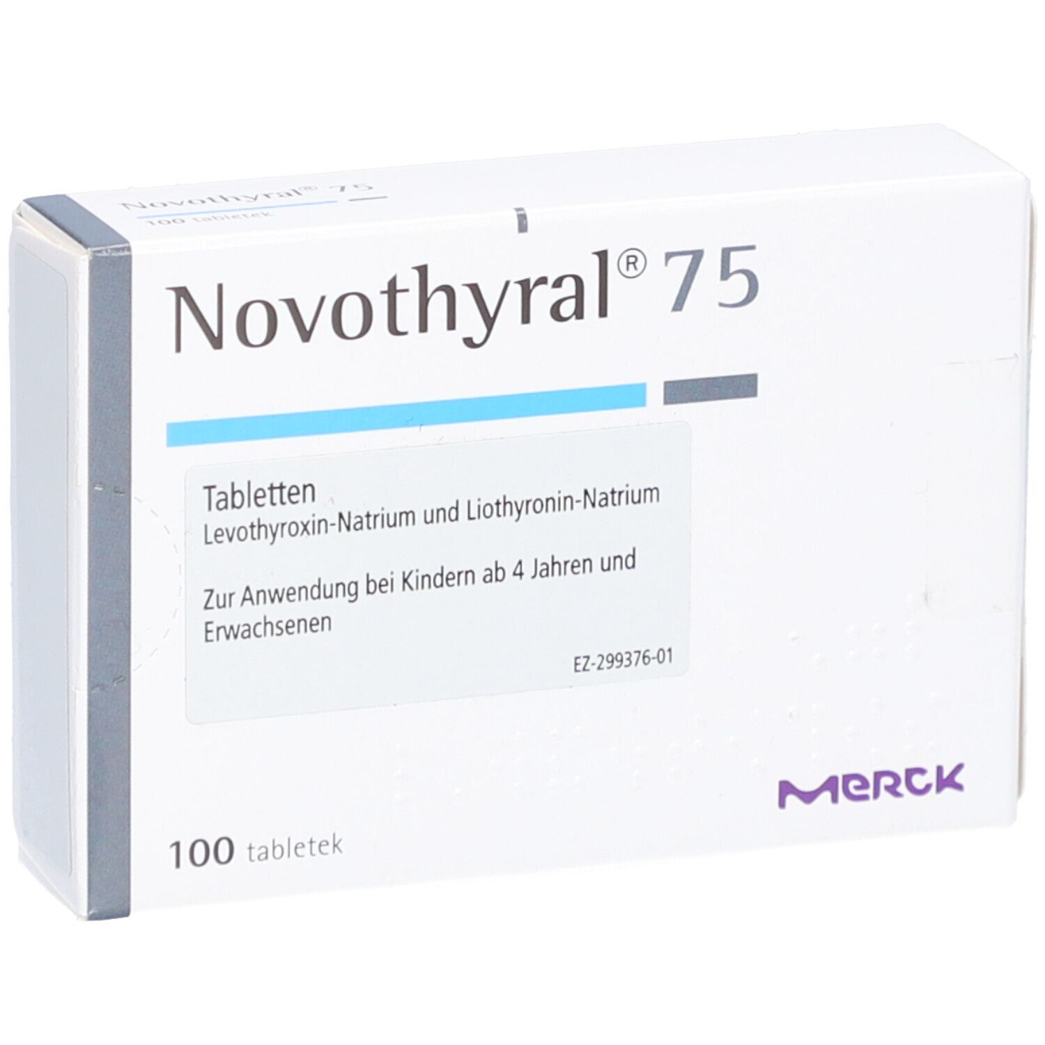 Weiße Schachtel mit NOVOTHYRAL 75 Tabletten. Merck-Logo. 100 Tabletten.