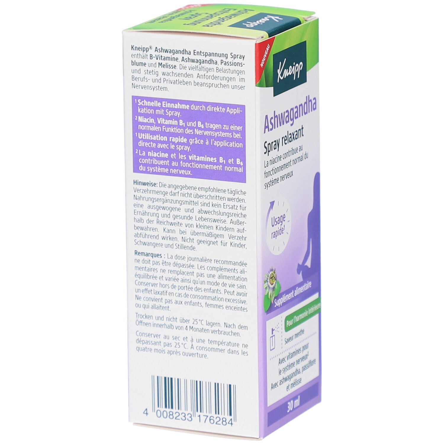 Kneipp Ashwagandha Entspannung Spray-Verpackung. Grün, weiß, lila. Text: "Ashwagandha Entspannung Spray". 30 ml.