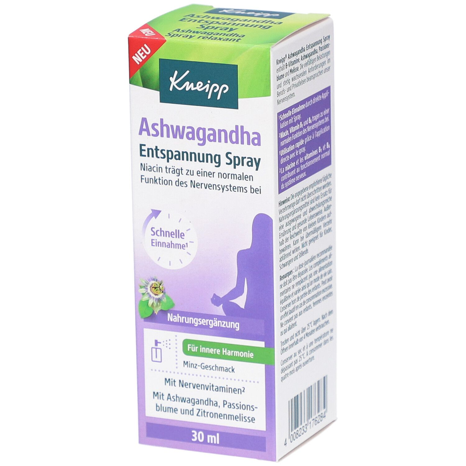Kneipp Ashwagandha Entspannung Spray-Verpackung. Grün, weiß, lila. Text: "Ashwagandha Entspannung Spray". 30 ml.