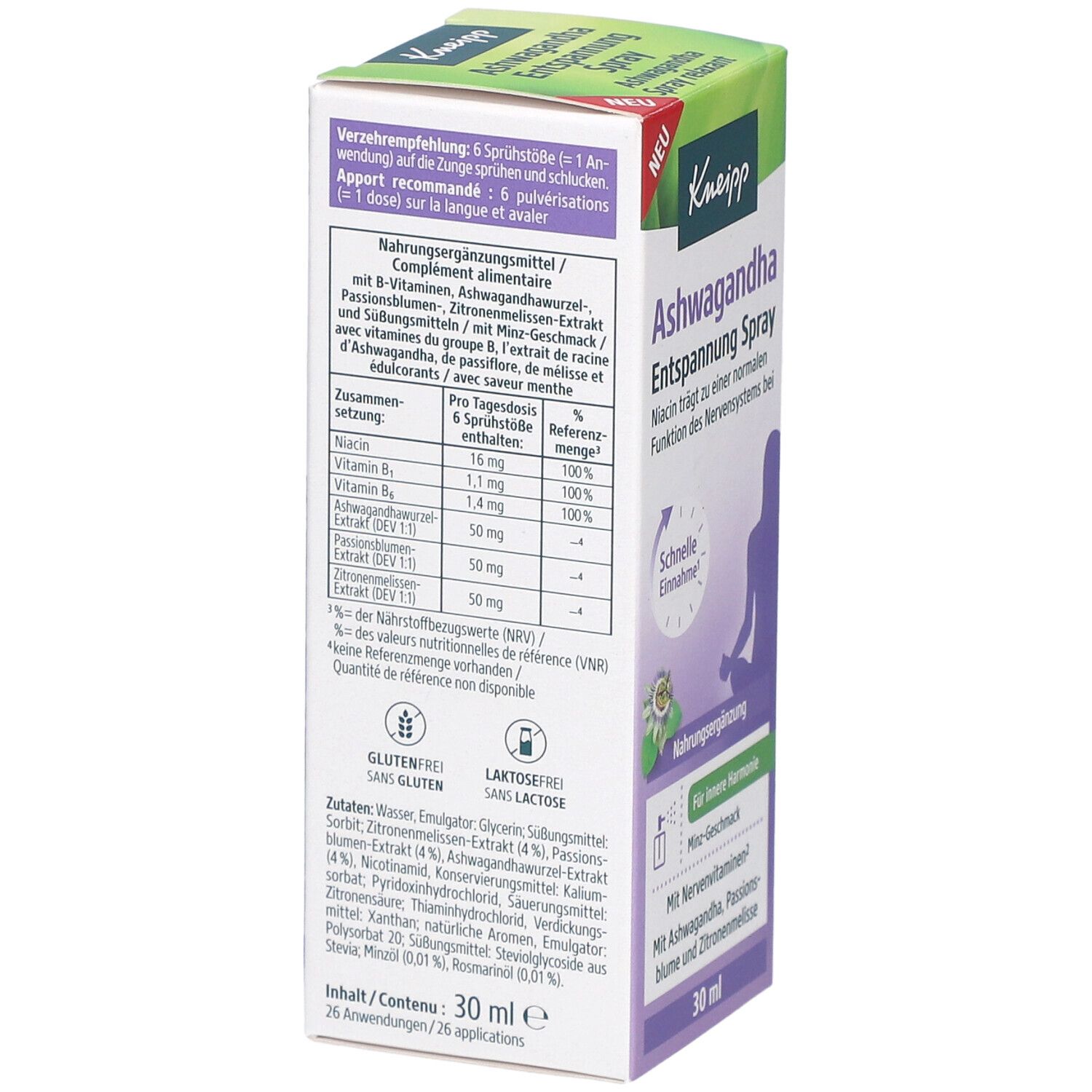 Kneipp Ashwagandha Entspannung Spray-Verpackung. Grün, weiß, lila. Text: "Ashwagandha Entspannung Spray". 30 ml.