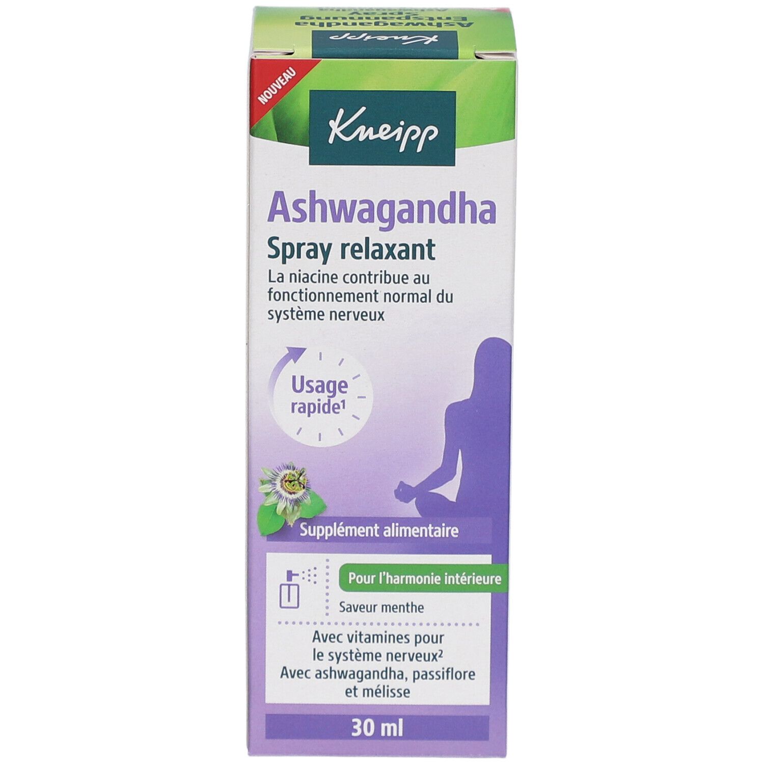 Kneipp Ashwagandha Spray relaxant. Grün-weiß-lila Verpackung. Text: "Spray relaxant", "Usage rapide". 30 ml.