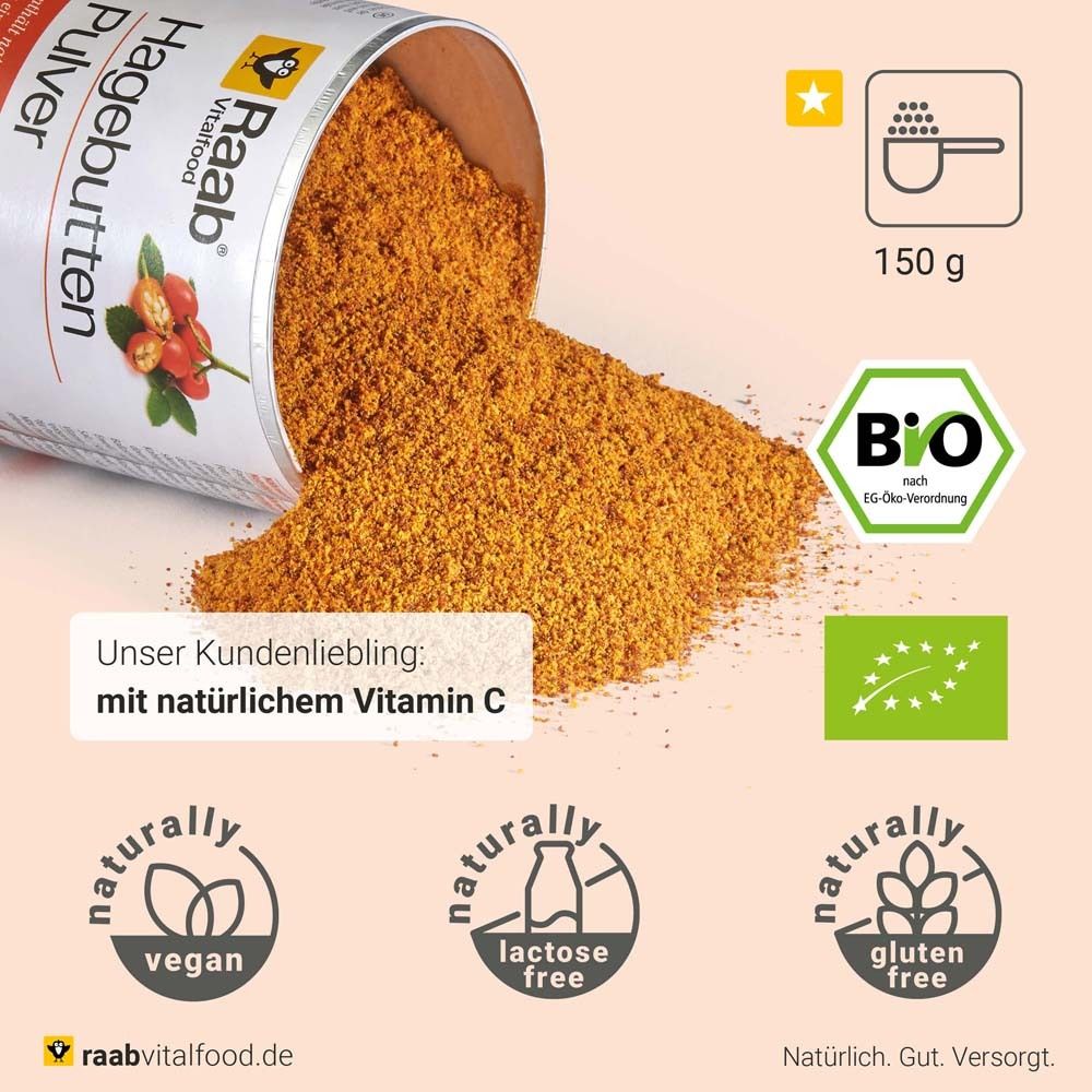Hagebutten Pulver, orangefarben. Aus der Dose geschüttet. Vegan, laktosefrei, glutenfrei. 150g.