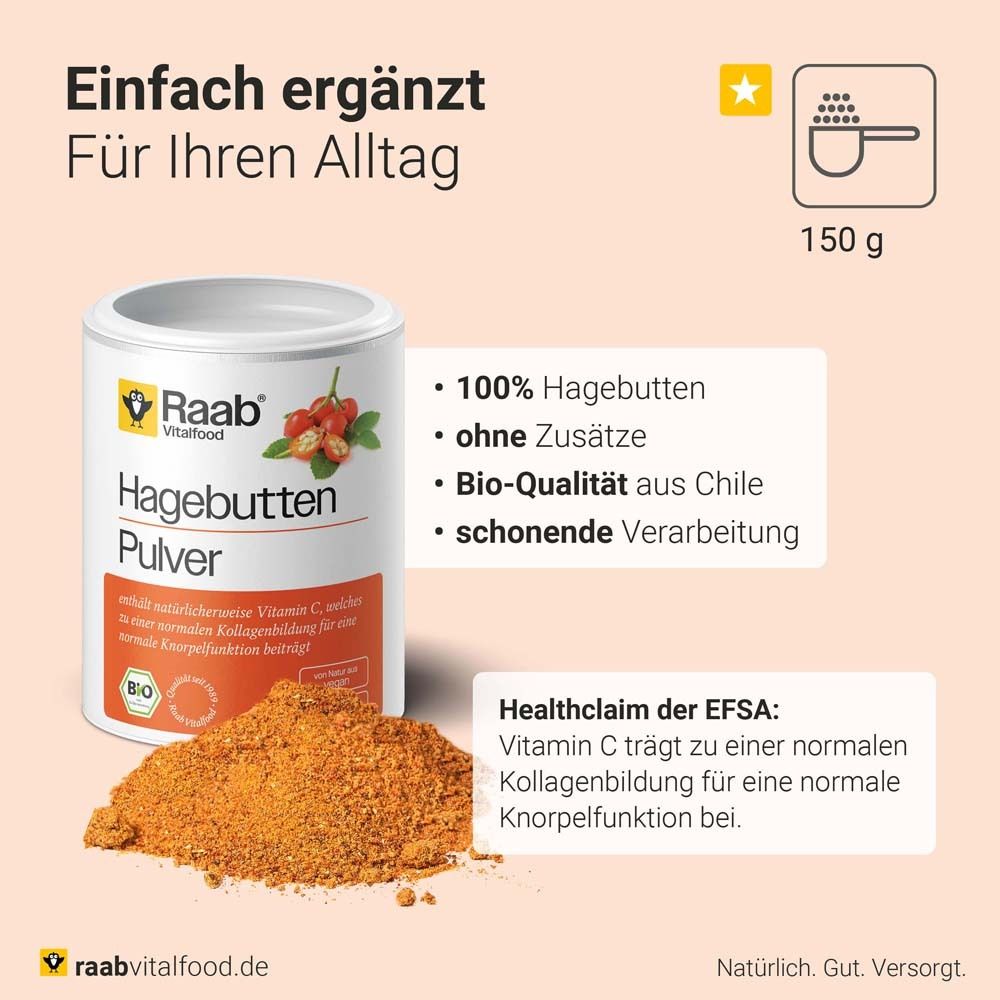 Dose Raab Vitalfood Hagebutten Pulver. Orangefarbenes Pulver daneben. 150g. Bio-Qualität.