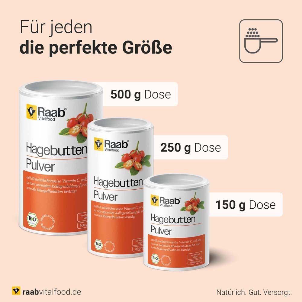 Dosen Raab Vitalfood Hagebutten Pulver. 150g, 250g, 500g. Bio-Siegel.