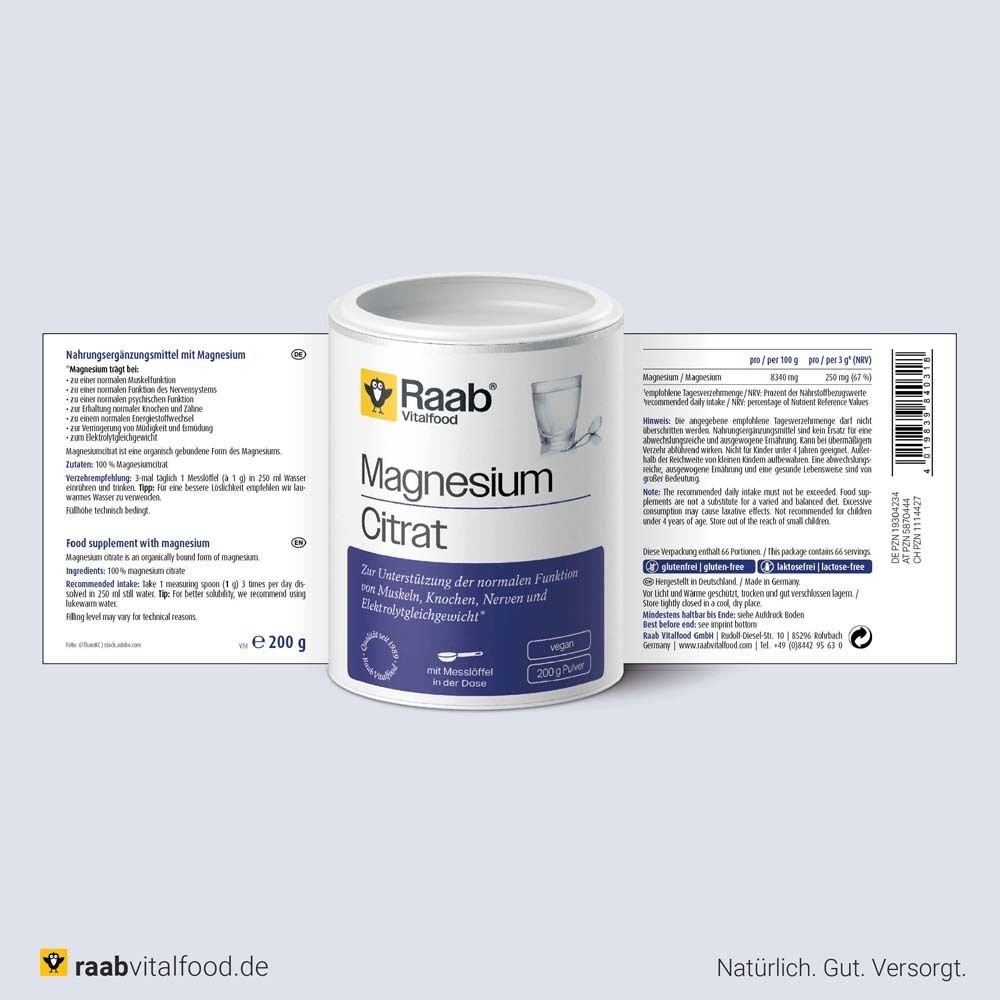 Dose Magnesiumcitrat-Pulver. Marke Raab Vitalfood. Text: Magnesium Citrat. Mit Messlöffel. Vegan. Produktinformationen.