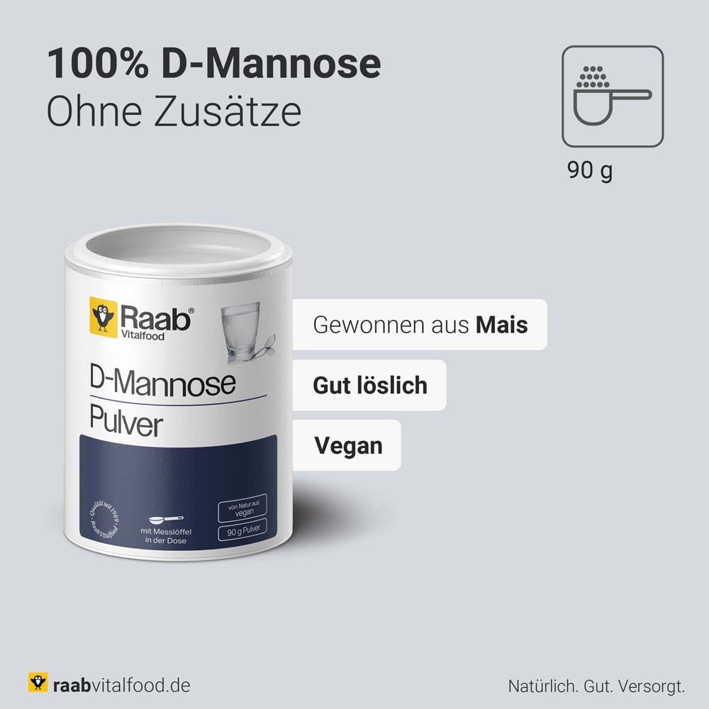 Dose Raab Vitalfood D-Mannose Pulver. Text: 100% D-Mannose, Ohne Zusätze, Gut löslich, Vegan. 90g Pulver.