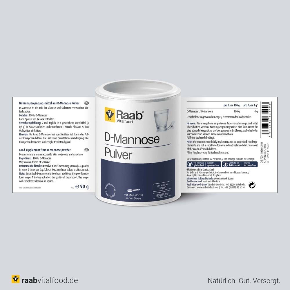 Dose Raab Vitalfood D-Mannose Pulver mit geöffneter Verpackung. Text und Informationen auf der Verpackung.