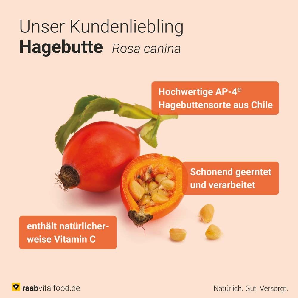 Hagebutten, halbiert und ganz. Enthält Vitamin C. Hochwertige AP-4® Sorte. Schonend geerntet und verarbeitet.