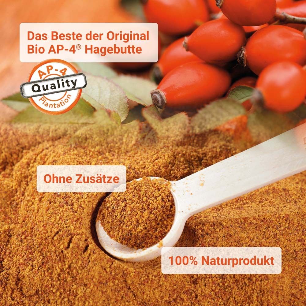 Löffel mit Raab Vitalfood® Hagebutten Pulver. 100% Naturprodukt. Ohne Zusätze. AP-4® Quality.