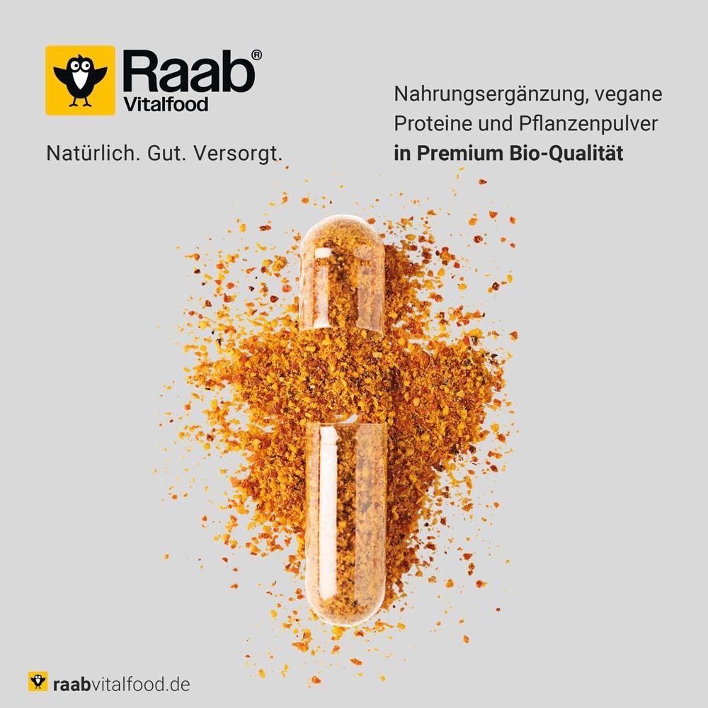 Kapsel mit Raab Vitalfood® Hagebutten Pulver. Nahrungsergänzung. Vegane Proteine und Pflanzenpulver.