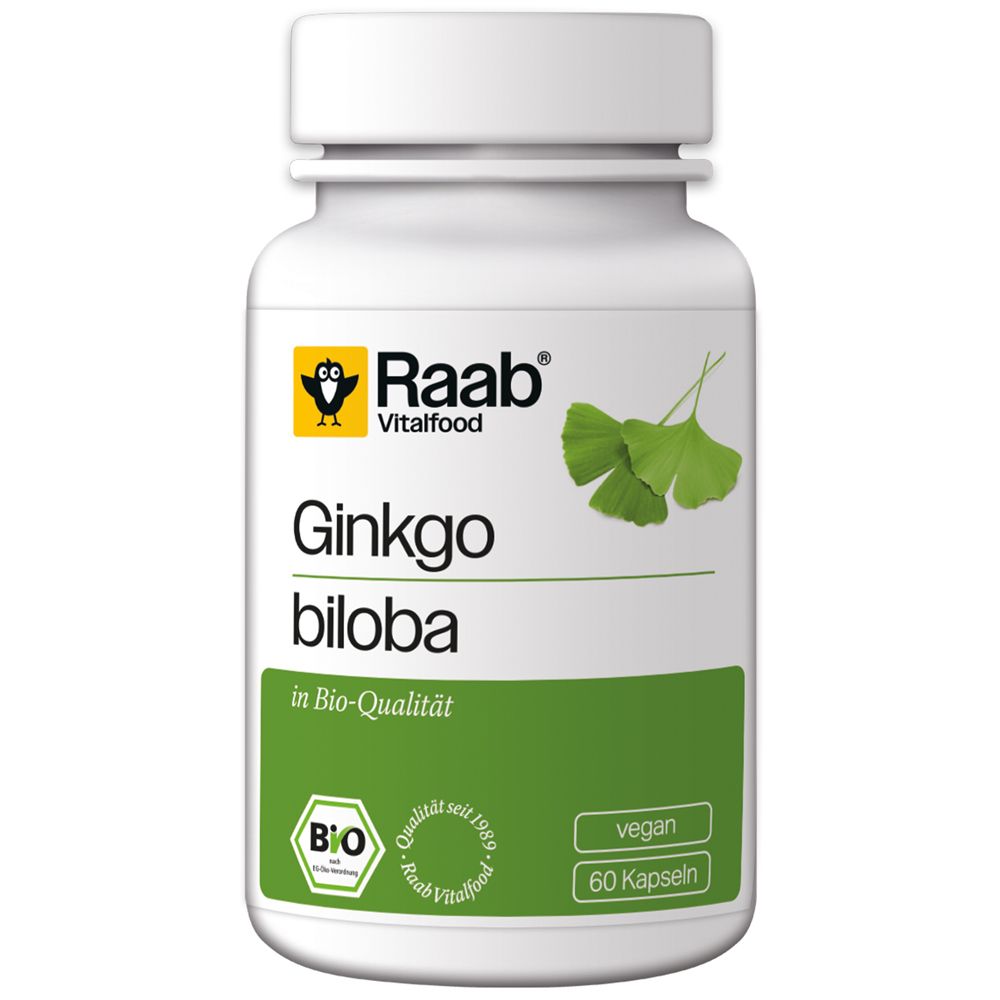 Weiße Flasche mit Raab Vitalfood Ginkgo biloba Kapseln. Grün-weiße Etikett mit Produktnamen, Bio-Siegel und 60 Kapseln.