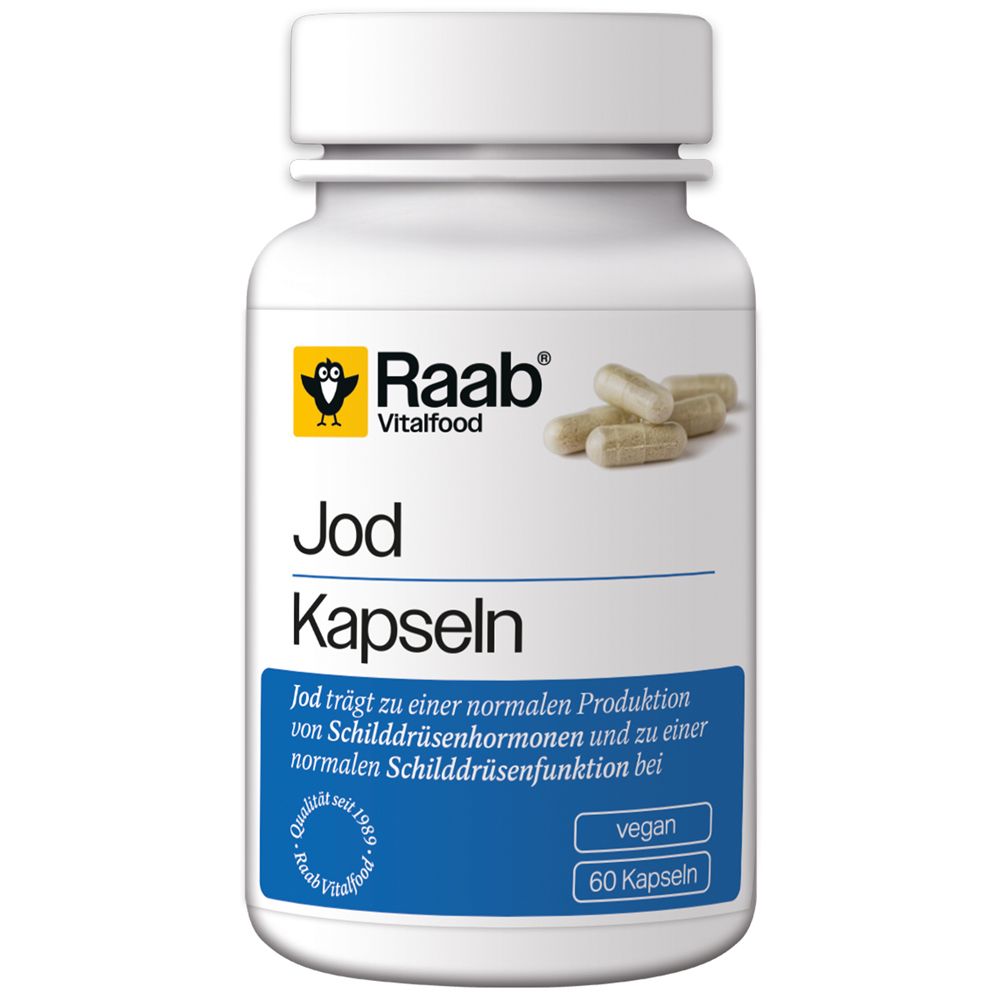 Weiße Flasche mit Kapseln. Aufschrift: Raab Vitalfood Jod Kapseln. Enthält 60 Kapseln. Vegan.