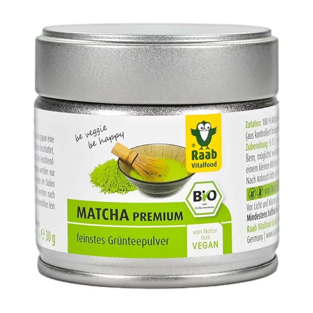 Dose mit Matcha Premium Pulver. Grüntee-Pulver, Bio-Siegel, vegan. Aufschrift: feinstes Grünteepulver, 30g.
