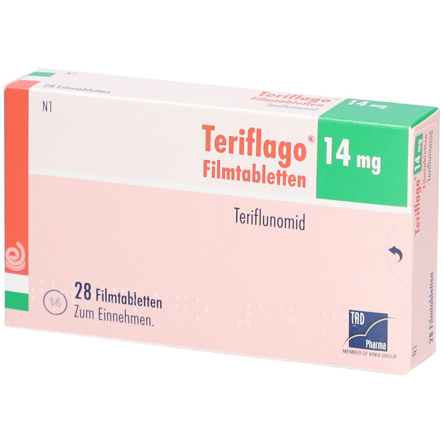 Verpackung von Teriflago 14 mg Filmtabletten. Aufschrift: Teriflago, 14 mg, 28 Filmtabletten, Teriflunomid. Logo von TAD Pharma.