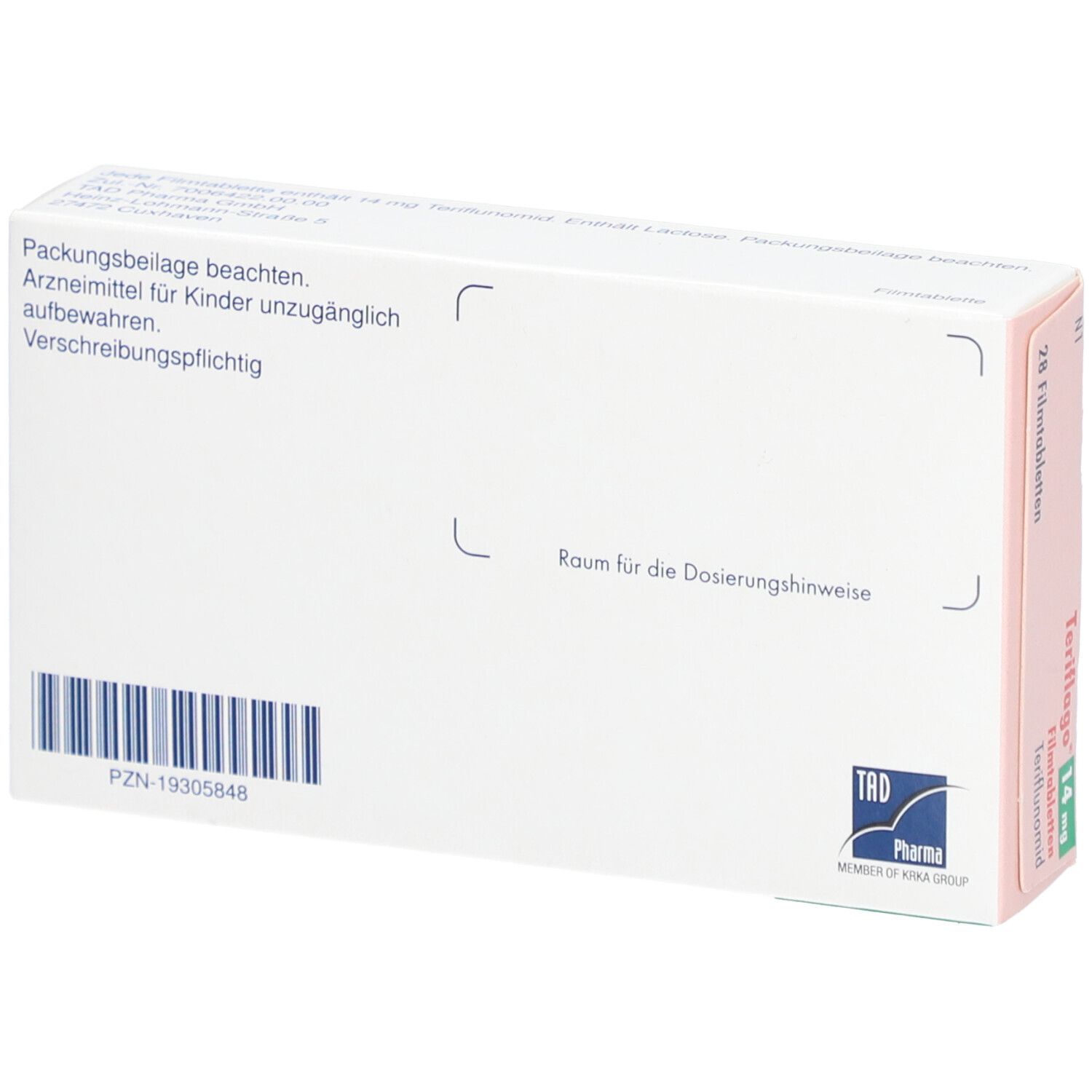 Rückseite der Teriflago-Verpackung. Text: Packungsbeilage beachten, Arzneimittel für Kinder unzugänglich aufbewahren. PZN-Nummer und Logo.