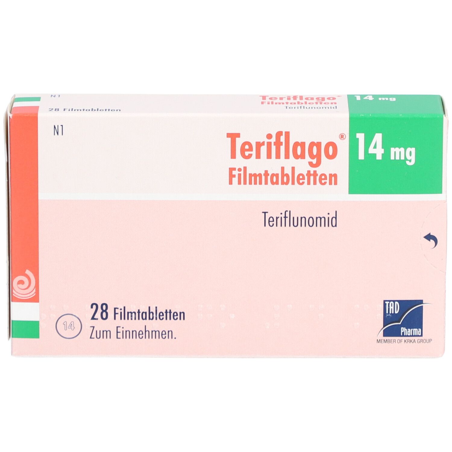 Teriflago 14 mg Filmtabletten-Verpackung. Aufschrift: Teriflago, 14 mg, 28 Filmtabletten, Teriflunomid. Logo von TAD Pharma.