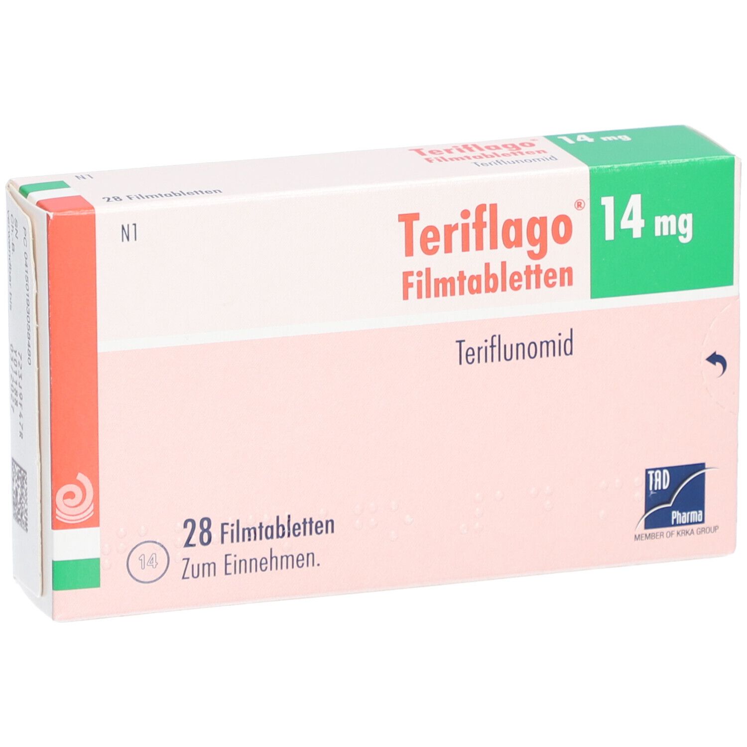 Teriflago 14 mg Filmtabletten-Verpackung. Aufschrift: Teriflago, 14 mg, 28 Filmtabletten, Teriflunomid. Logo von TAD Pharma.