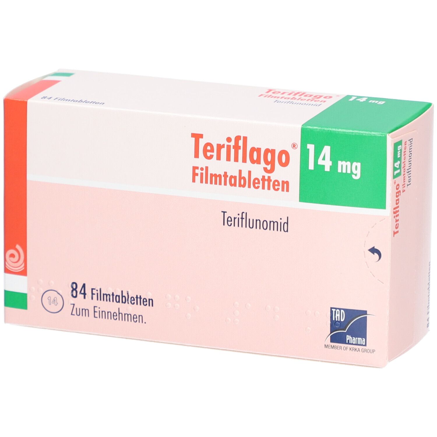 Verpackung von Teriflago 14 mg Filmtabletten. Rosa-weißes Design mit grüner Oberseite. Enthält 84 Filmtabletten. TAD Pharma Logo.
