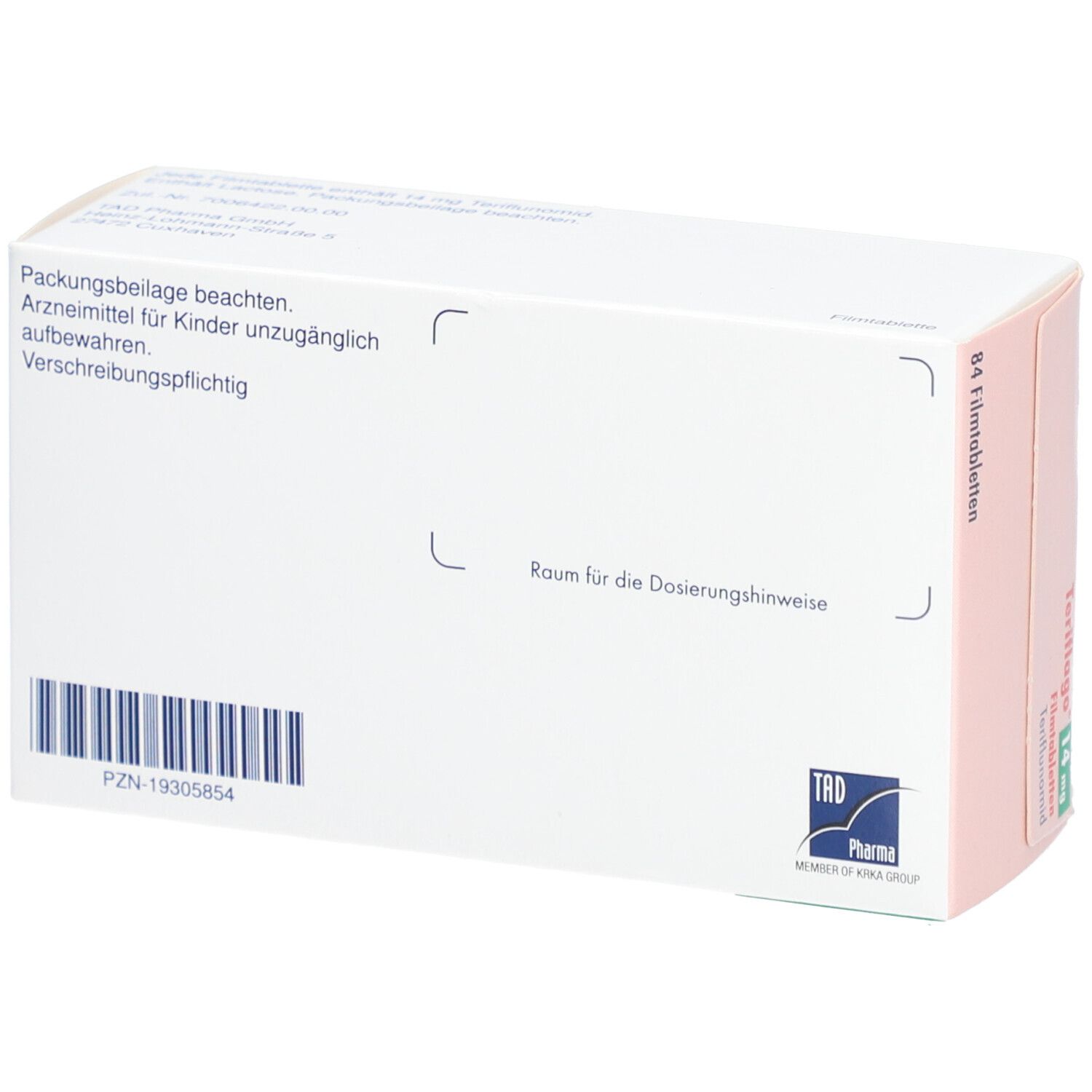 Rückseite der Teriflago 14 mg Filmtabletten-Verpackung. Weiß mit Text, Barcode und TAD Pharma Logo. Platz für Dosierungshinweise.