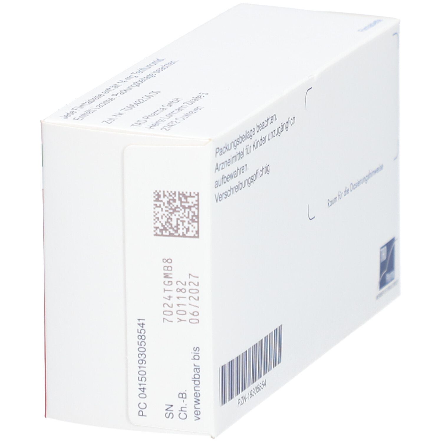 Rückseite der Teriflago 14 mg Filmtabletten-Verpackung. Weiß mit Text, Barcode und TAD Pharma Logo. Detailansicht.