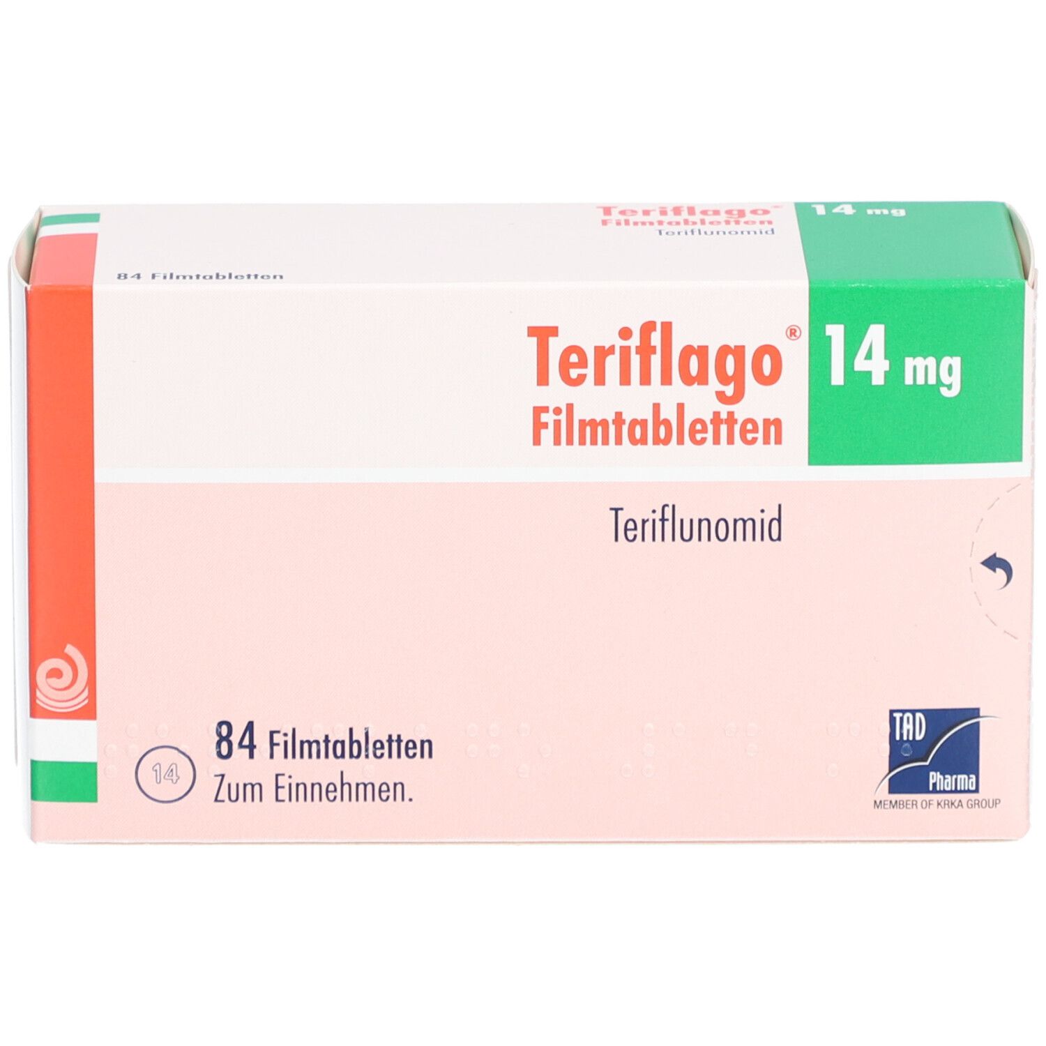 Teriflago 14 mg Filmtabletten-Verpackung. Rosa-weißes Design mit grüner Oberseite. Enthält 84 Filmtabletten. TAD Pharma Logo.