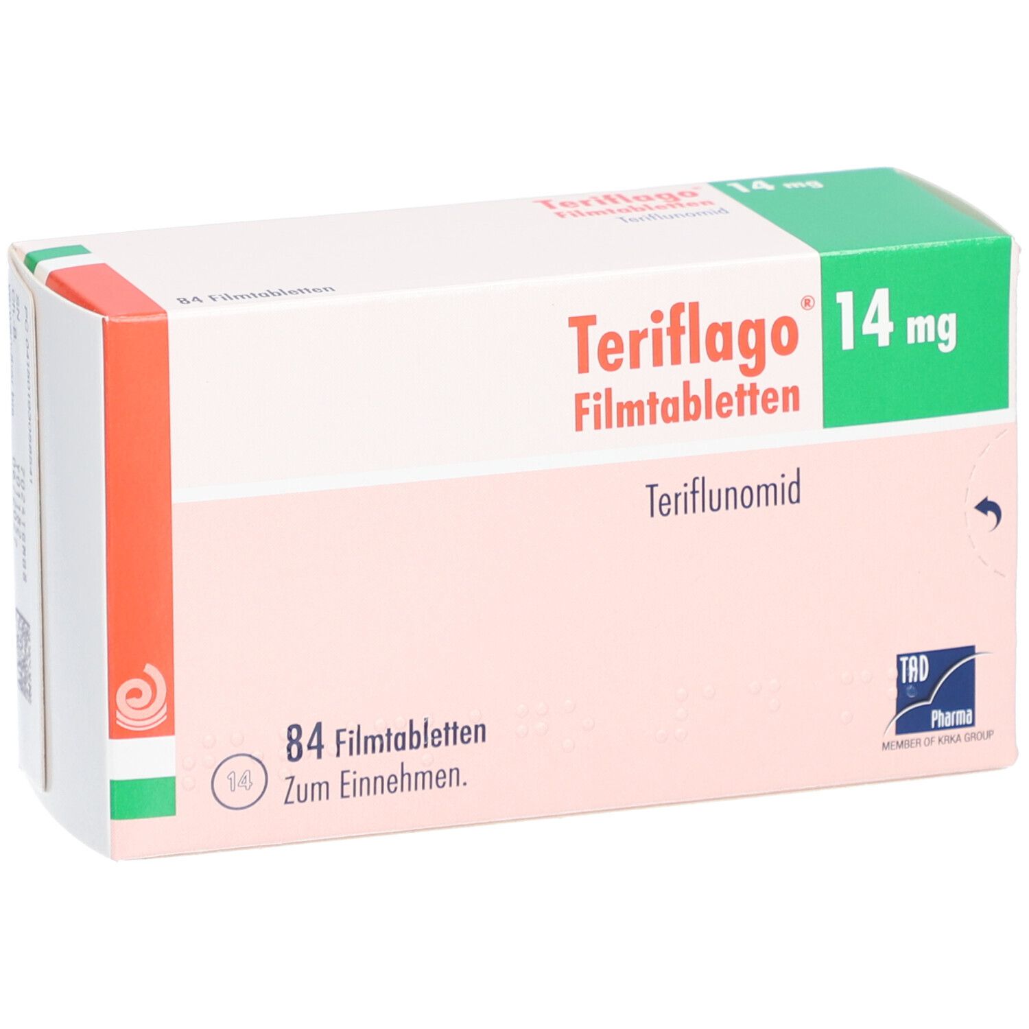 Teriflago 14 mg Filmtabletten-Verpackung. Rosa-weißes Design mit grüner Oberseite. Enthält 84 Filmtabletten. TAD Pharma Logo.