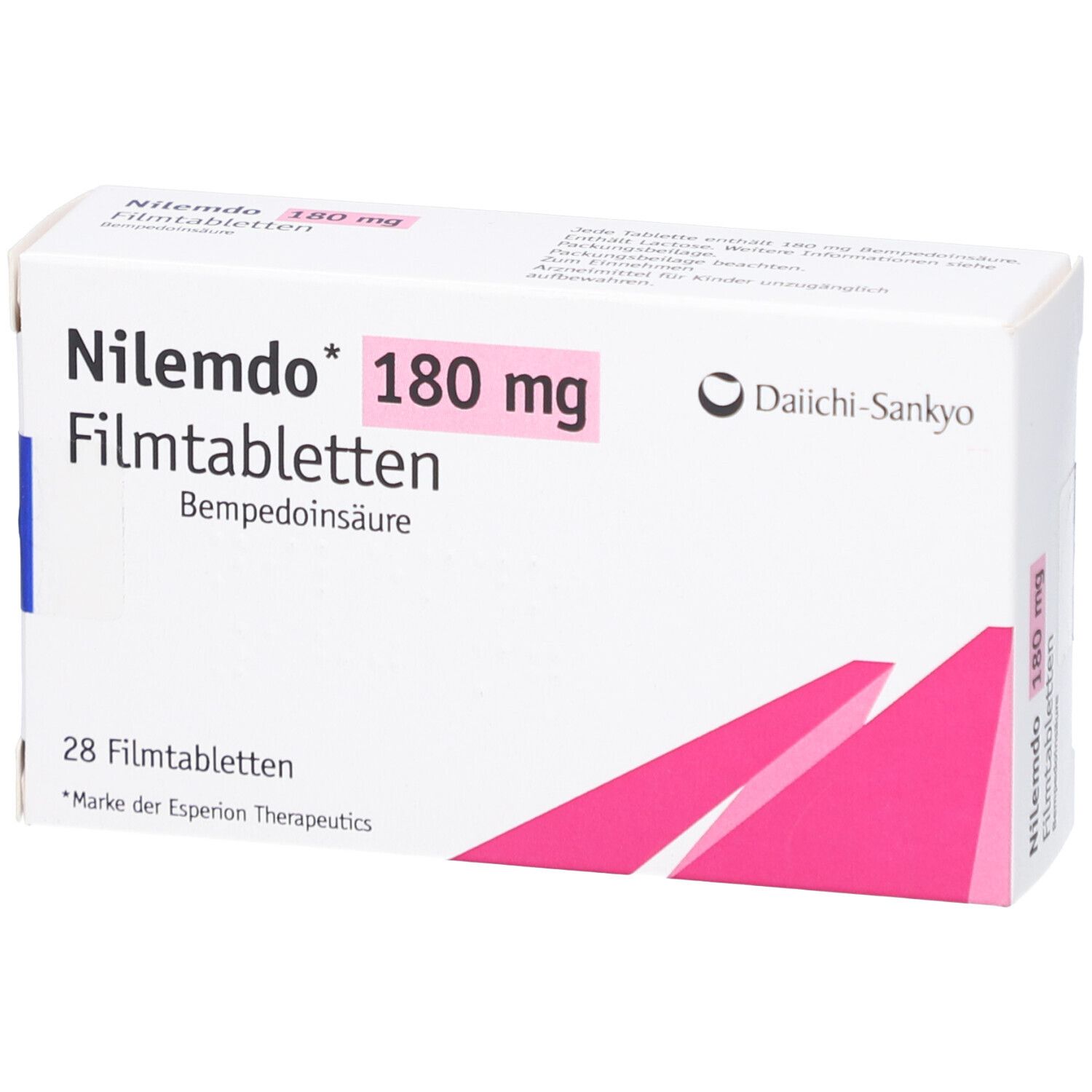 Schachtel NILEMDO 180 mg Filmtabletten. Weiße Verpackung mit rosa Akzenten und Schriftzug. Enthält 28 Tabletten.
