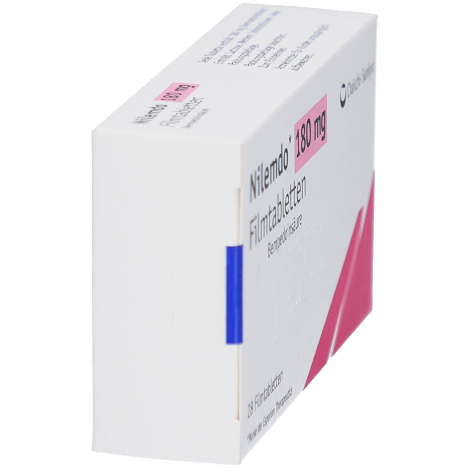 Schachtel NILEMDO 180 mg Filmtabletten. Weiße Verpackung mit rosa Akzenten. Ansicht von der Seite.