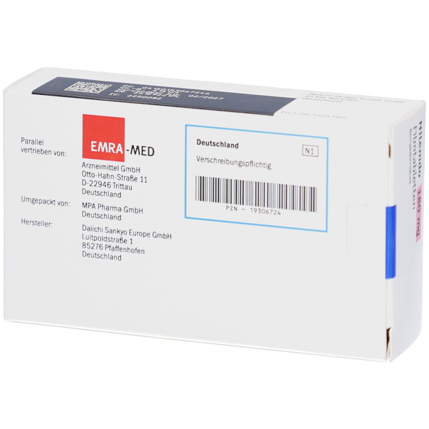 Rückseite der Schachtel NILEMDO 180 mg Filmtabletten. Enthält Informationen wie Hersteller, Vertrieb und Barcode.