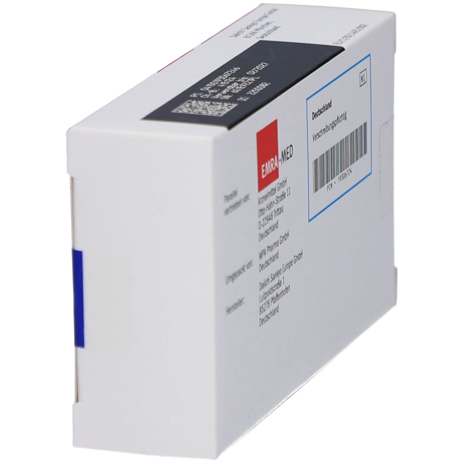 Seitenansicht der Schachtel NILEMDO 180 mg Filmtabletten. Enthält Informationen wie Hersteller, Vertrieb und Barcode.