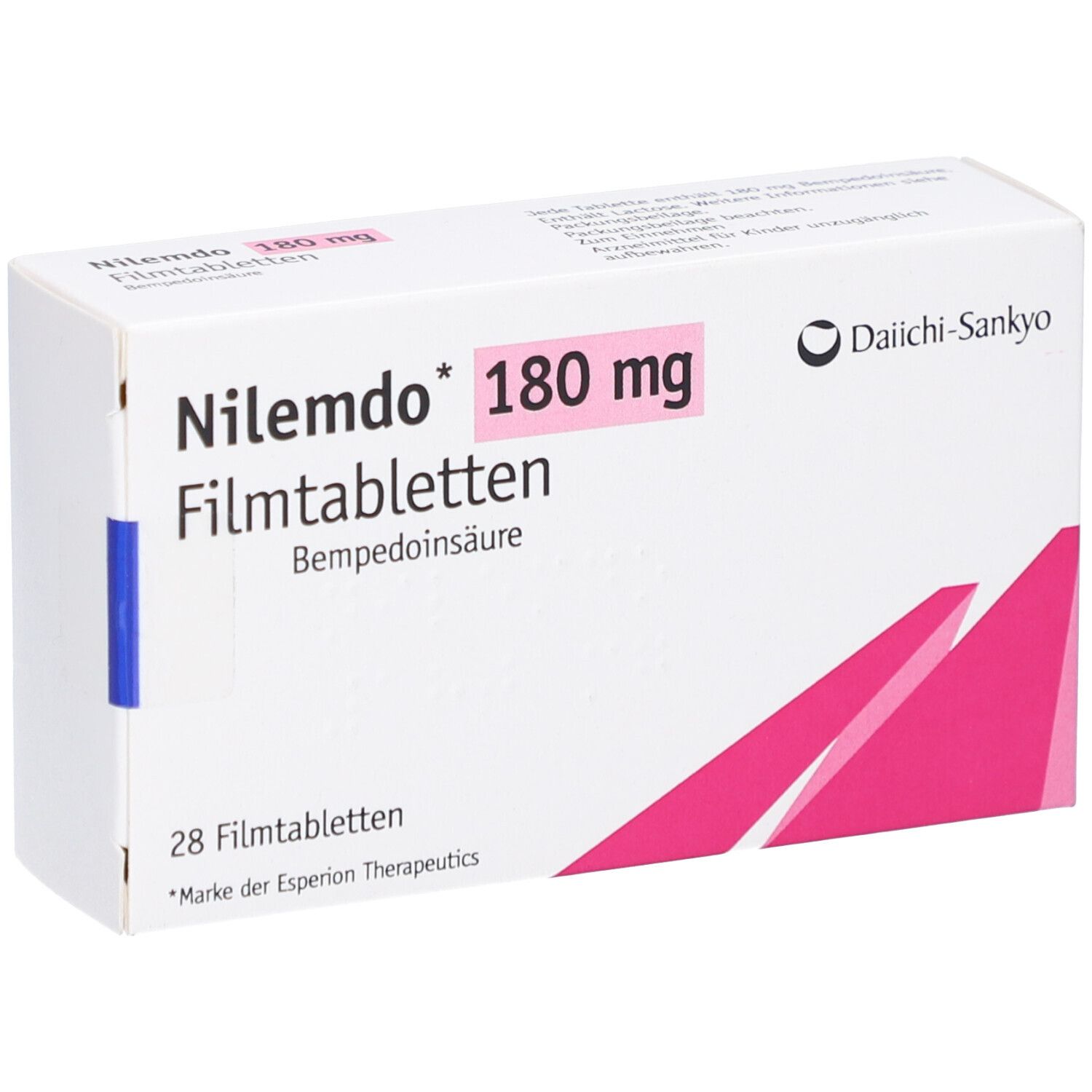 Schachtel NILEMDO 180 mg Filmtabletten. Weiße Verpackung mit rosa Akzenten und Schriftzug. Enthält 28 Tabletten.