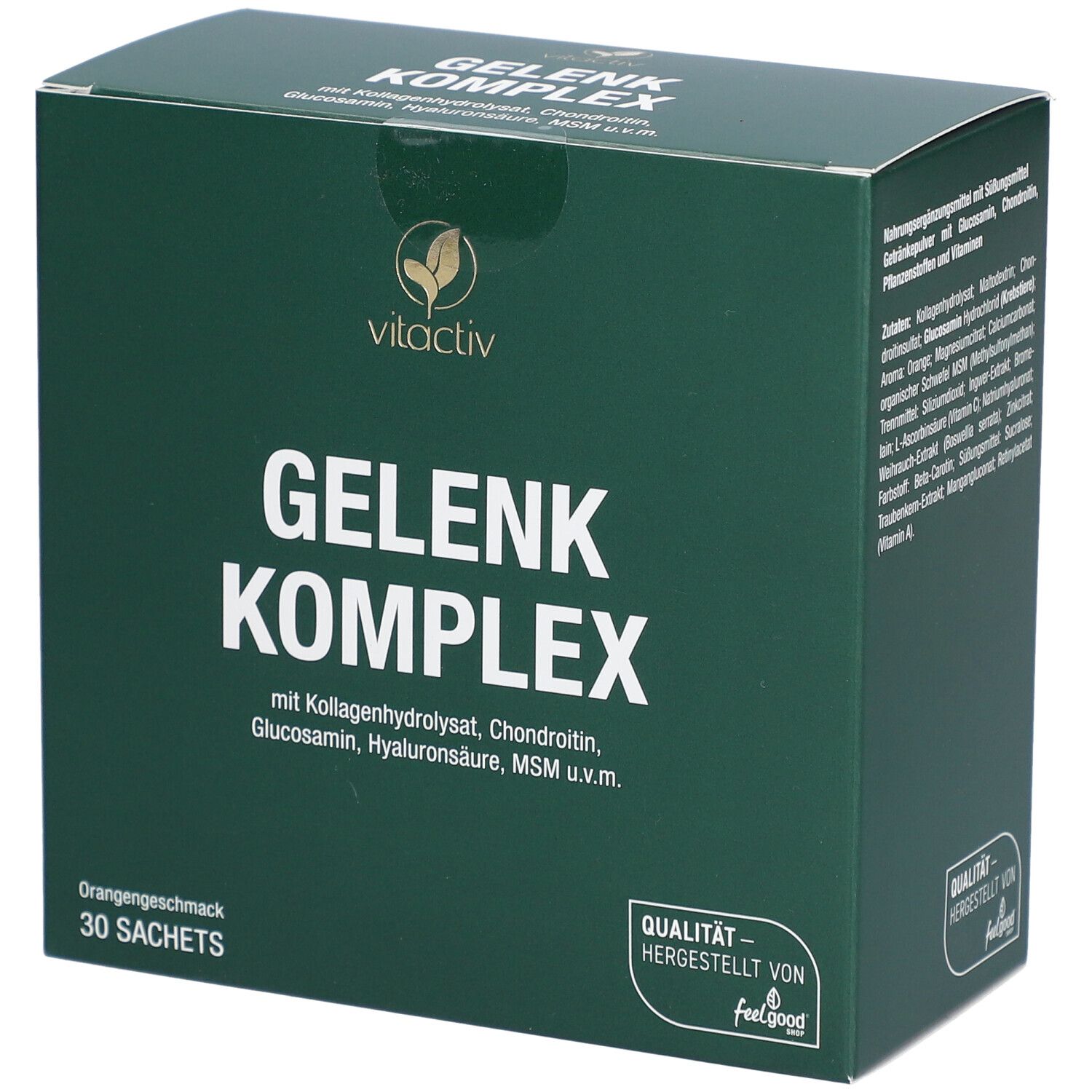 Grüne Schachtel mit weißem Schriftzug GELENK Komplex und vitactiv Logo. Enthält 30 Sachets. Qualität von feelgood.