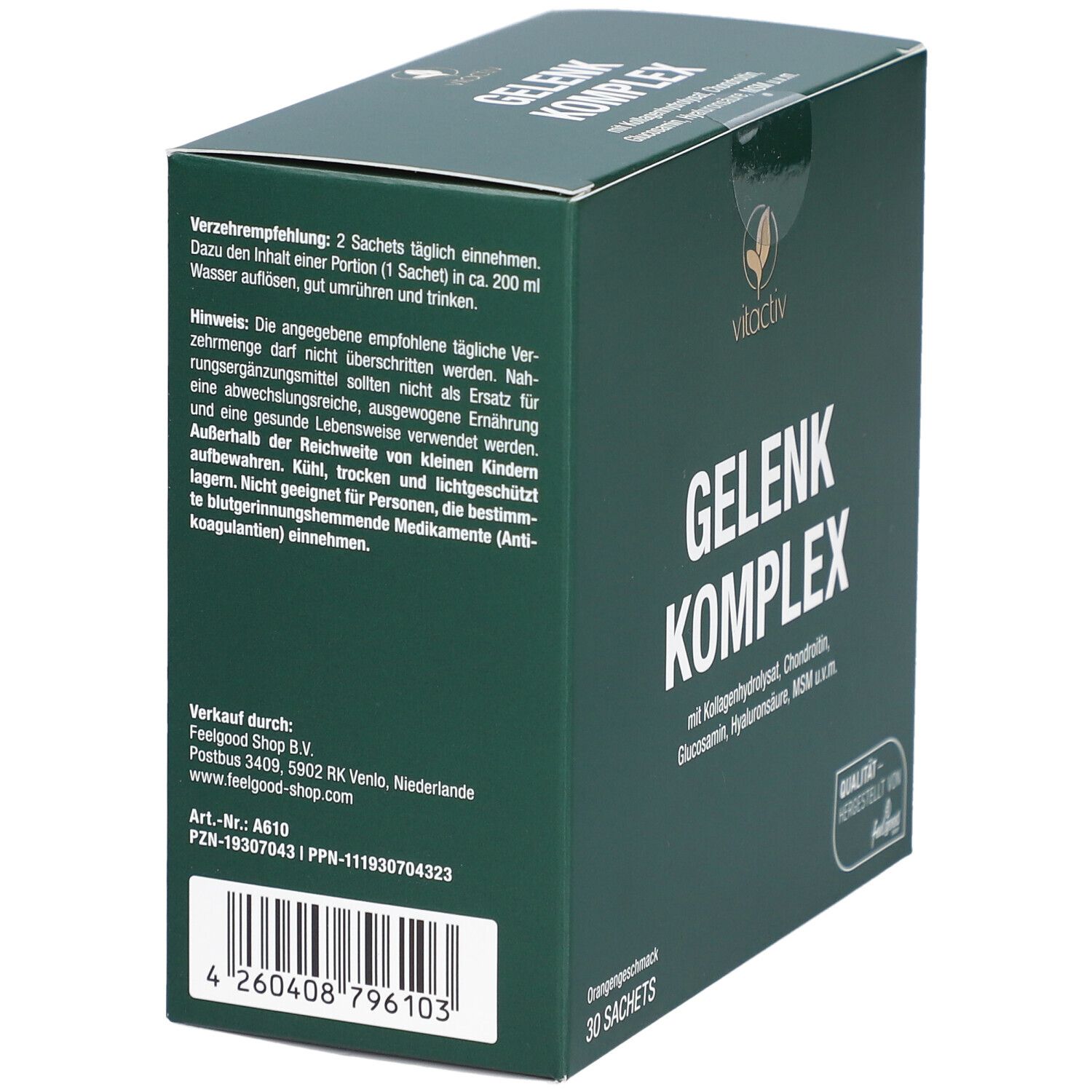 Rückseite der grünen Schachtel mit GELENK Komplex. Verzehrempfehlung, Hinweise, Herstellerinformationen und Barcode.