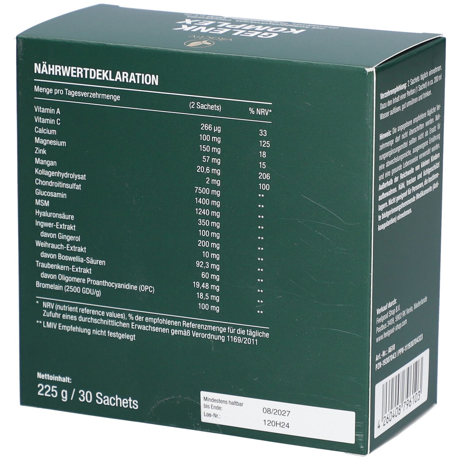 Rückseite der grünen Schachtel mit GELENK Komplex. Nährwertdeklaration, Inhaltsstoffe, Mindesthaltbarkeit und Herstellerinformationen.
