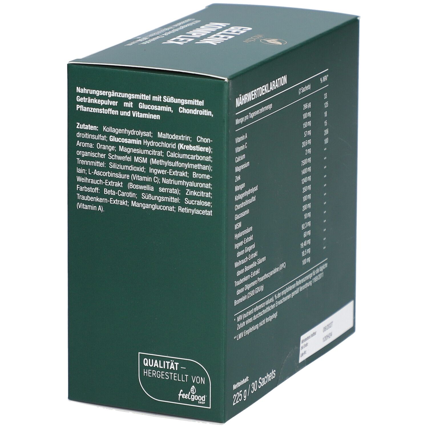 Seitenansicht der grünen Schachtel mit GELENK Komplex. Nährwertdeklaration und Zutatenliste.