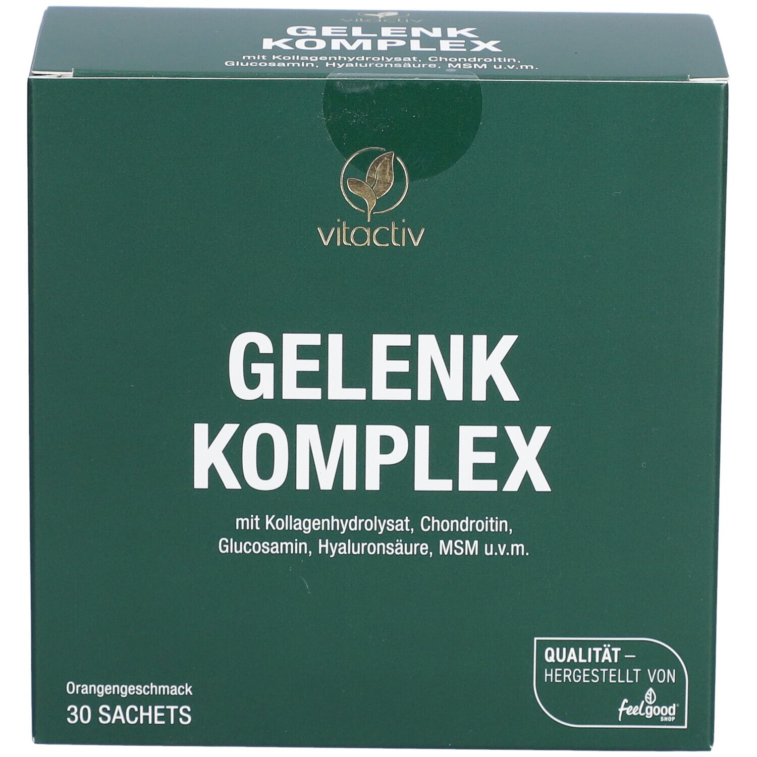 Grüne Schachtel mit weißem Schriftzug GELENK Komplex und vitactiv Logo. Enthält 30 Sachets. Qualität von feelgood.