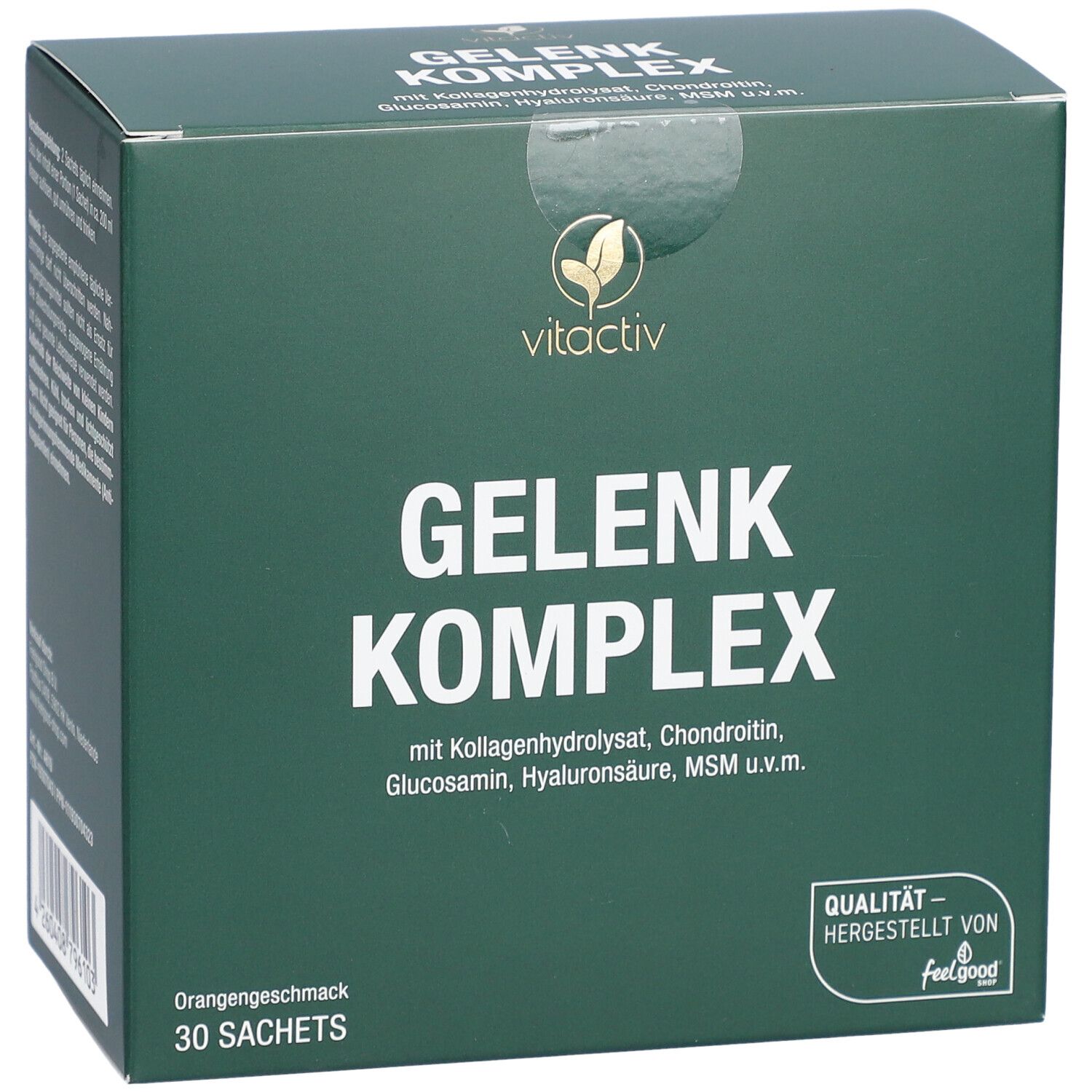 Grüne Schachtel mit weißem Schriftzug GELENK Komplex und vitactiv Logo. Enthält 30 Sachets. Qualität von feelgood.