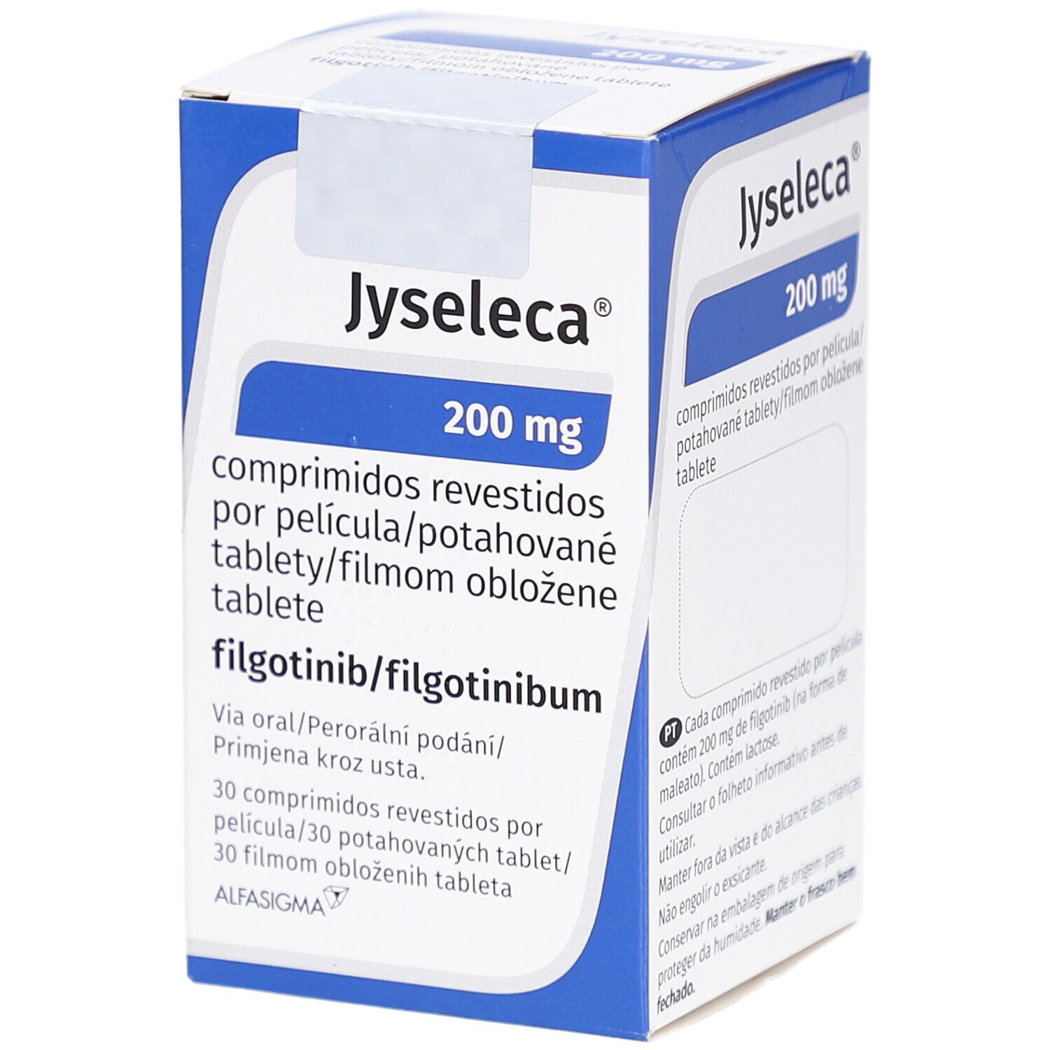 Schachtel JYSELECA 200 mg Filmtabletten. Blaue und weiße Verpackung. Text: comprimidos revestidos, filmom obložené tablete.