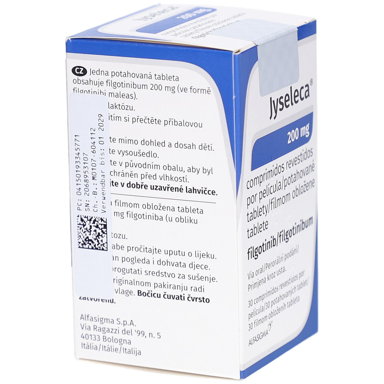 Rückseite der JYSELECA 200 mg Filmtabletten-Schachtel. Enthält Text und QR-Code. Herstelleradresse.