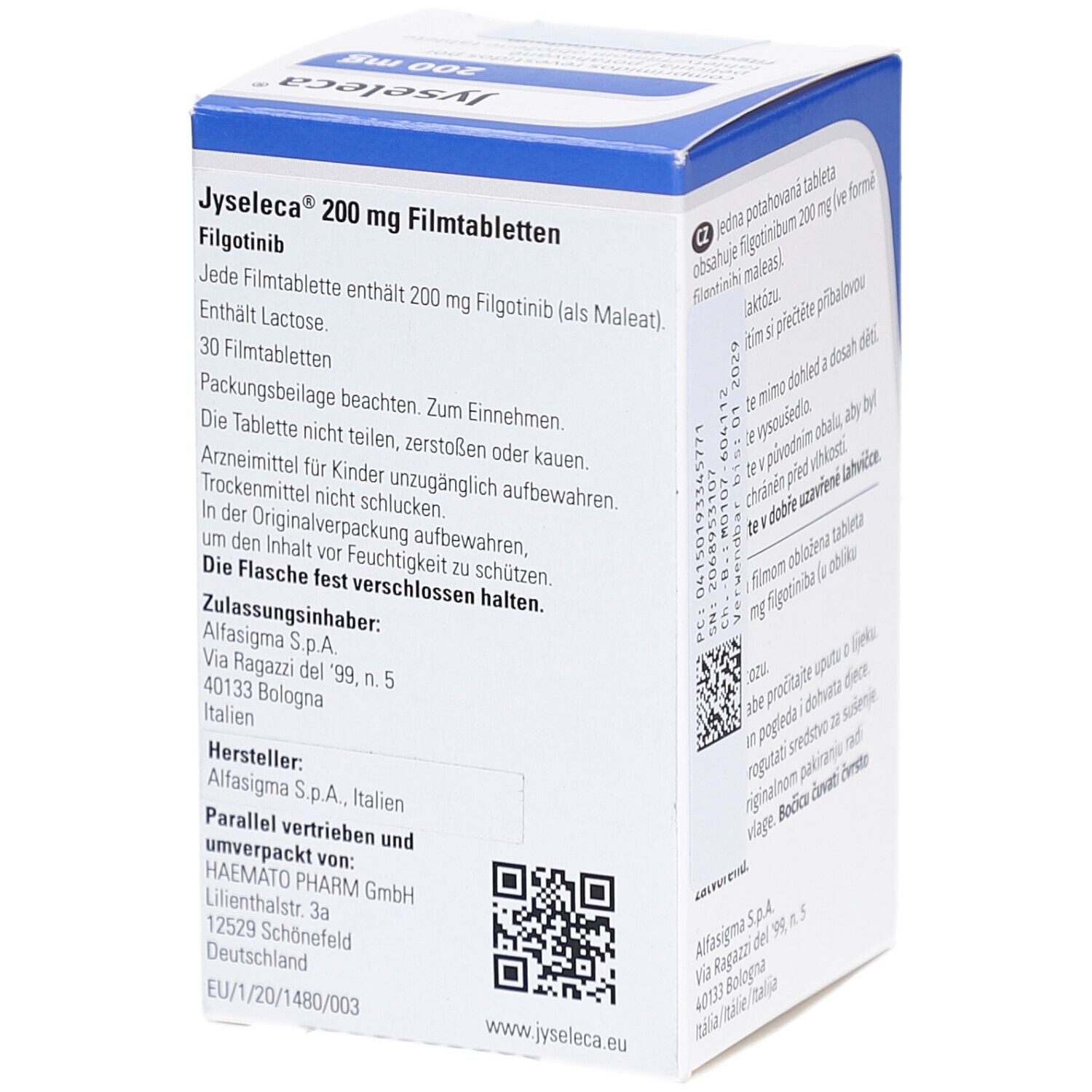 JYSELECA 200 mg Filmtabletten-Schachtel. Enthält Text, QR-Code und Herstellerinformationen.  Blau-weiße Verpackung.