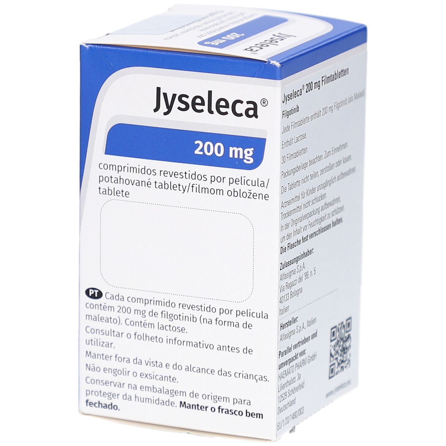 JYSELECA 200 mg Filmtabletten-Schachtel. Blaue und weiße Verpackung. Text: comprimidos revestidos, filmom obložené tablete.