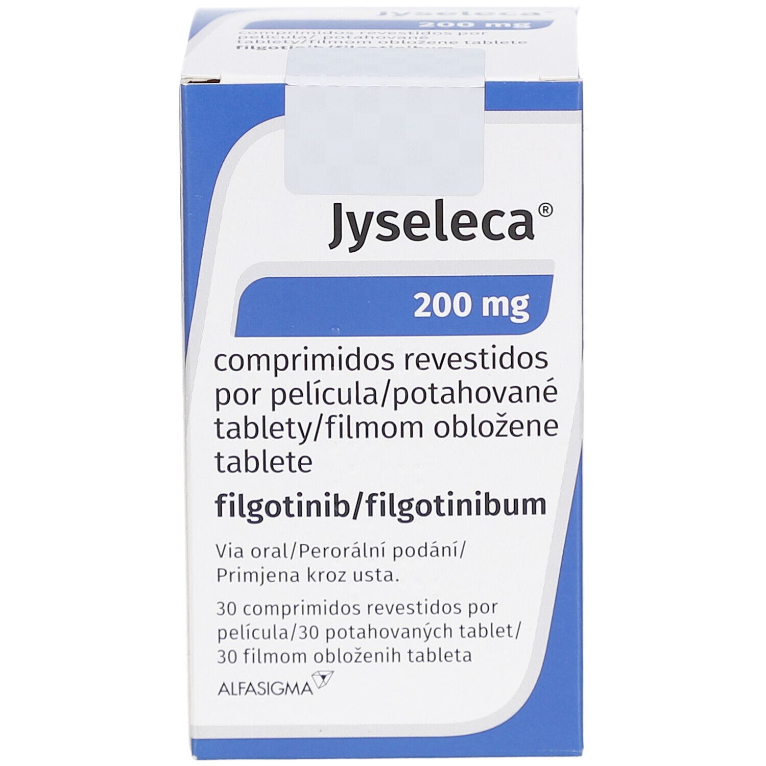 JYSELECA 200 mg Filmtabletten-Schachtel. Blaue und weiße Verpackung. Text: comprimidos revestidos, filmom obložené tablete.