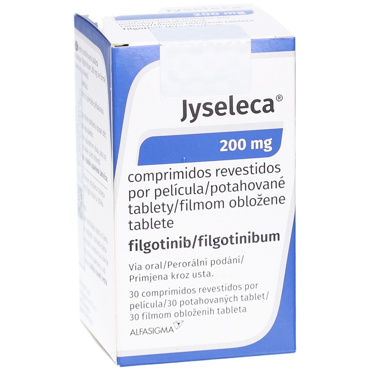 JYSELECA 200 mg Filmtabletten-Schachtel. Blaue und weiße Verpackung. Text: comprimidos revestidos, filmom obložené tablete.
