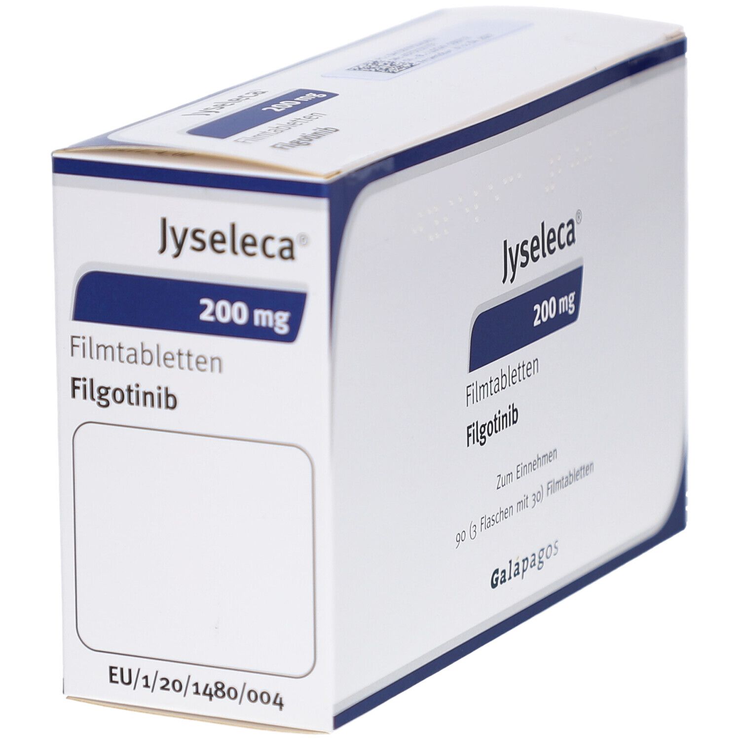 Schachtel JYSELECA 200 mg Filmtabletten. Enthält Filgotinib. Aufschrift: Zum Einnehmen. Galapagos-Logo.