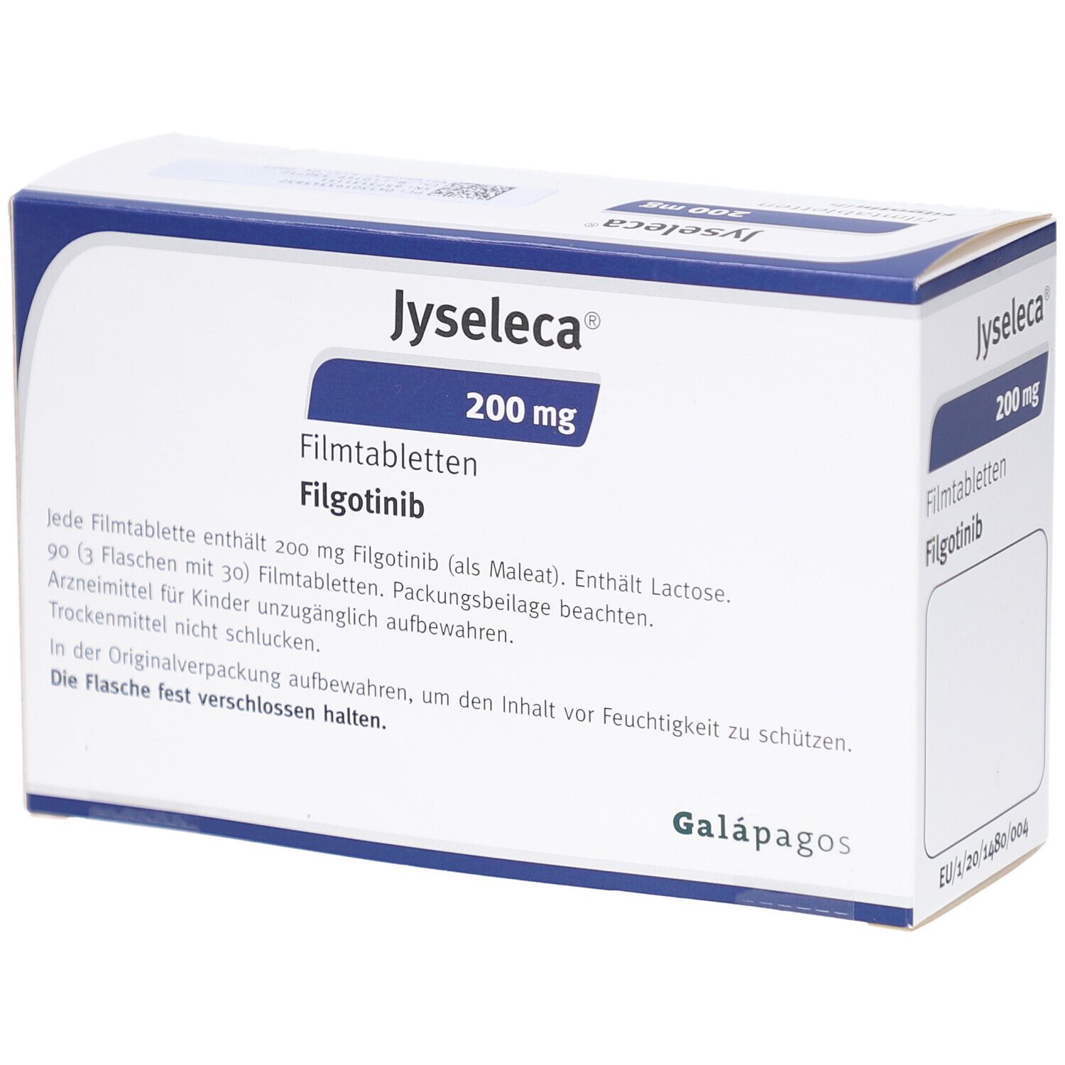 Schachtel JYSELECA 200 mg Filmtabletten. Enthält Filgotinib. Aufschrift: Zum Einnehmen. Galapagos-Logo. Text auf Deutsch.