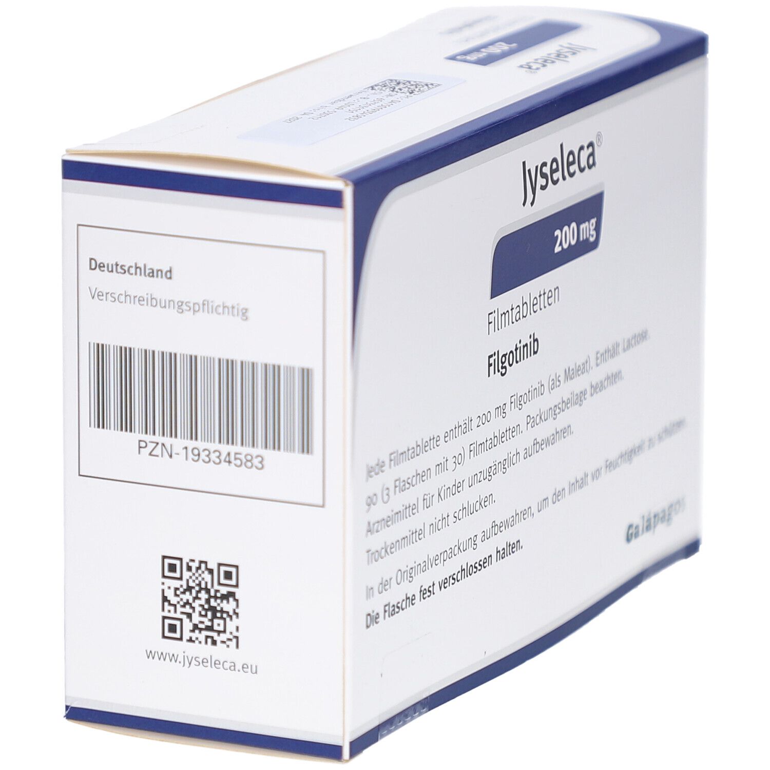Schachtel JYSELECA 200 mg Filmtabletten. Enthält Filgotinib. Aufschrift: Verschreibungspflichtig. Barcode und QR-Code.