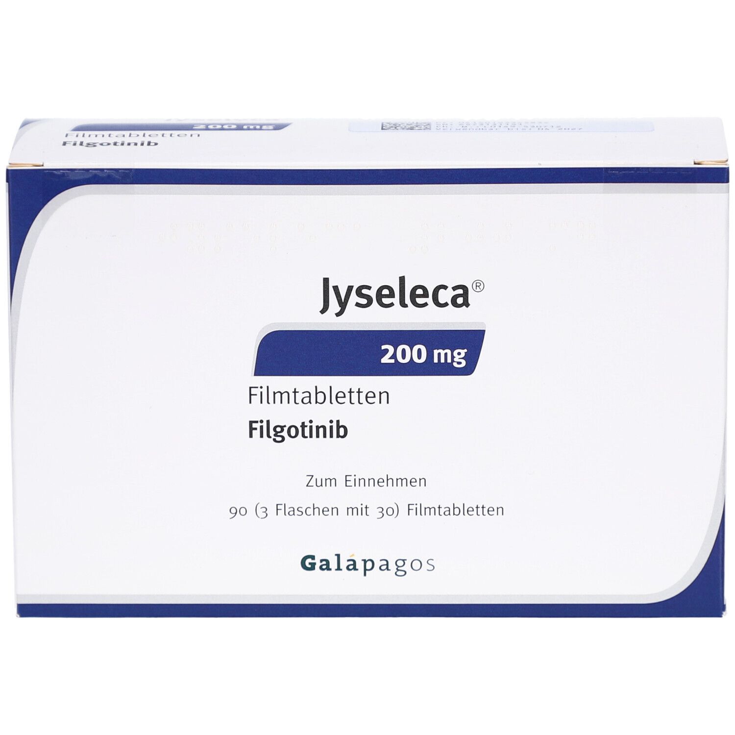 Schachtel JYSELECA 200 mg Filmtabletten. Enthält Filgotinib. Aufschrift: Zum Einnehmen. Galapagos-Logo. 90 Filmtabletten.