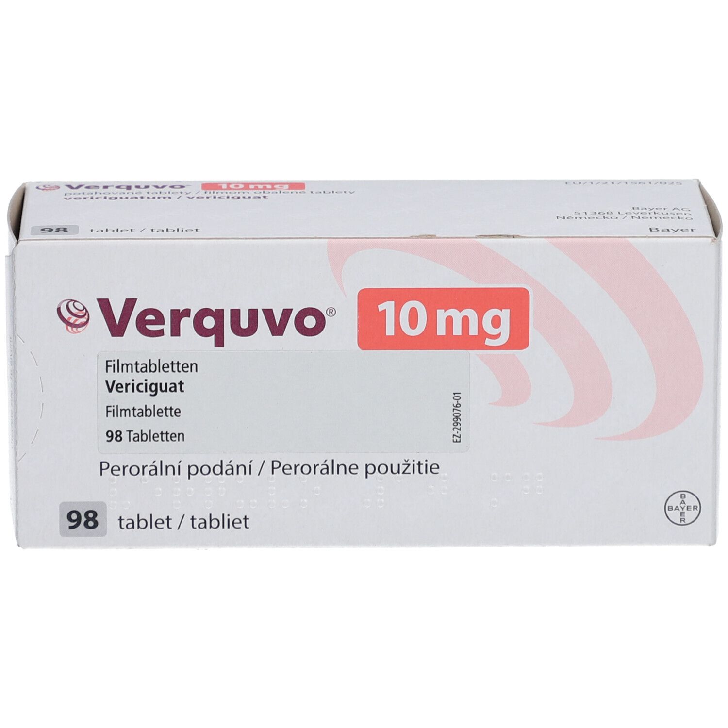 Verquvo 10 mg Filmtabletten-Packung. Aufschrift: Verquvo, 10 mg, 98 Tabletten. Bayer-Logo. Weiße Verpackung mit roter Schrift.